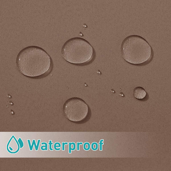 Close-up of water beading on a taupe waterproof fabric surface, highlighting its water-resistant quality.
