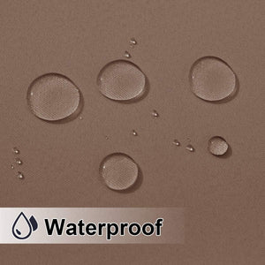 Taupe woven fabric with clear water droplets beading on its waterproof surface.