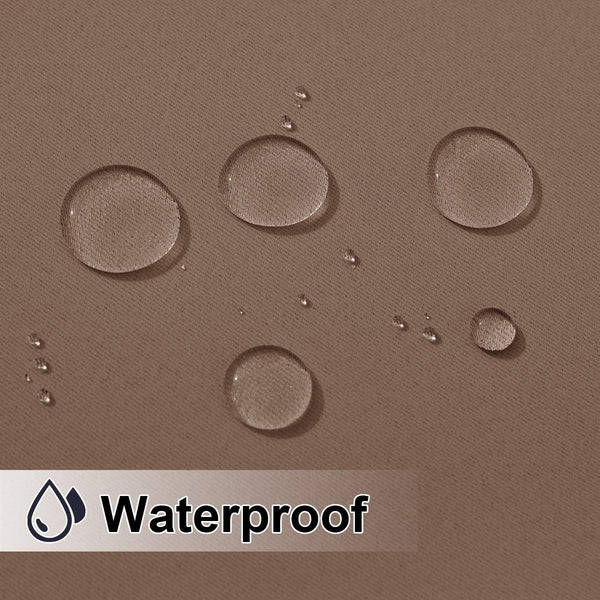 Taupe woven fabric with clear water droplets beading on its waterproof surface.