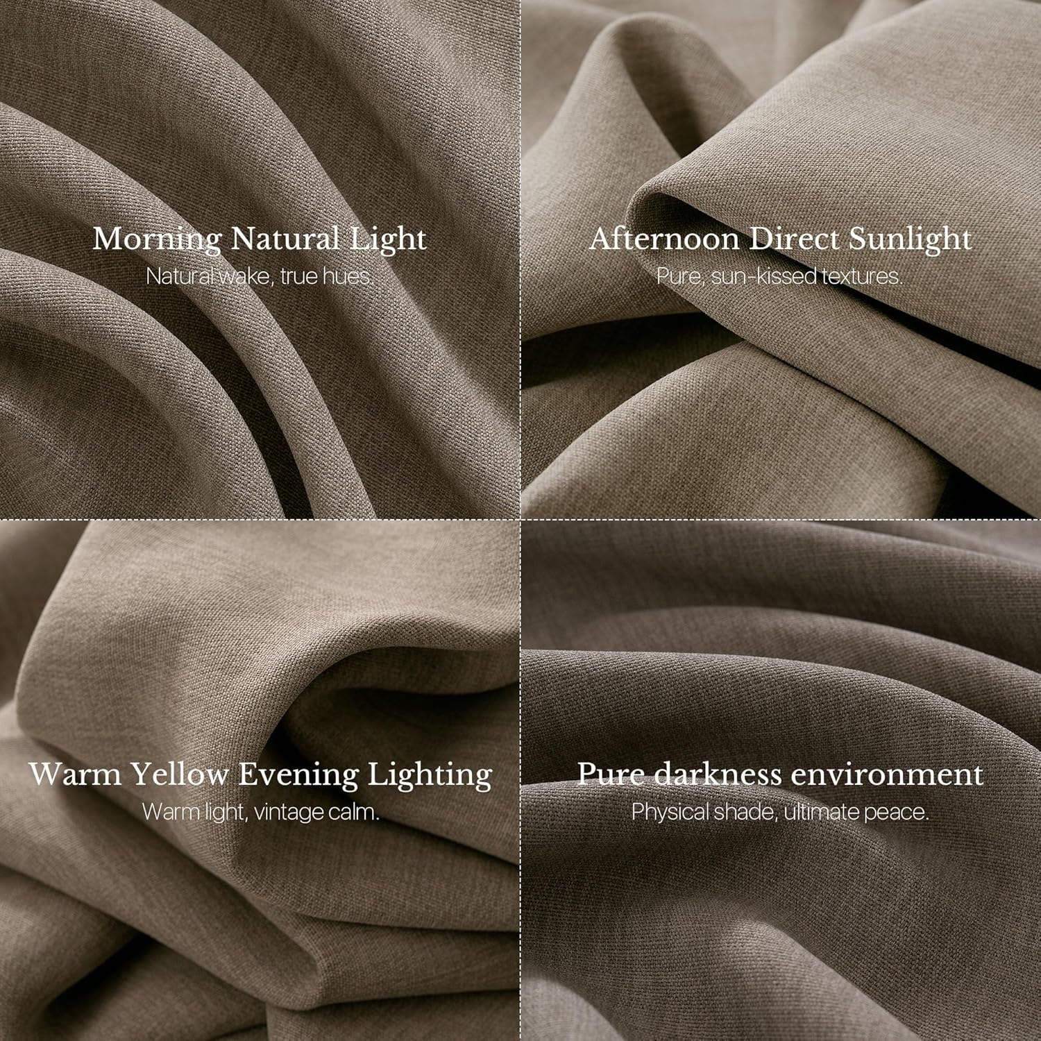 Taupe woven blackout curtain fabric demonstrating light blocking in different light environments.
