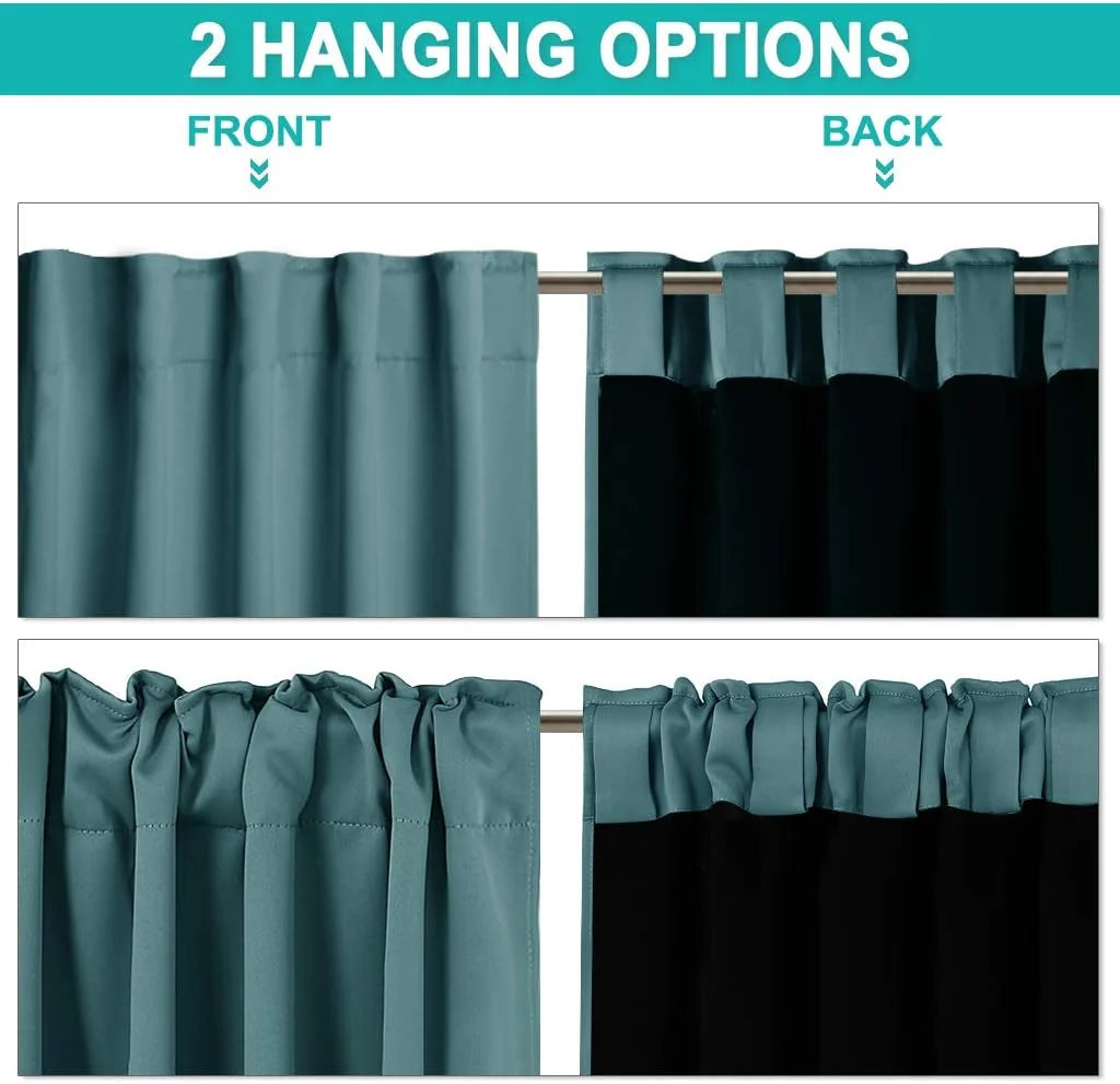 Teal blackout curtain panel showing front and back rod pocket hanging options