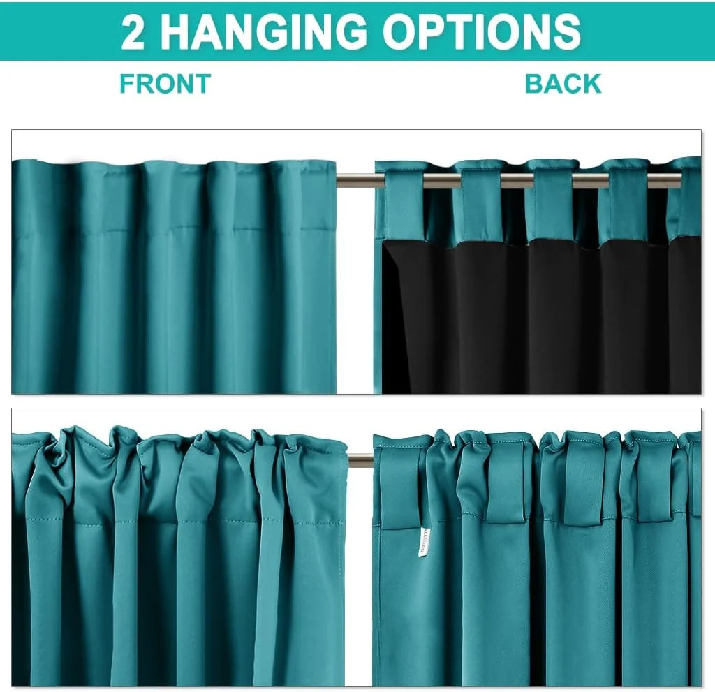 Teal blackout curtain panel showing front and back hanging tab options on rod