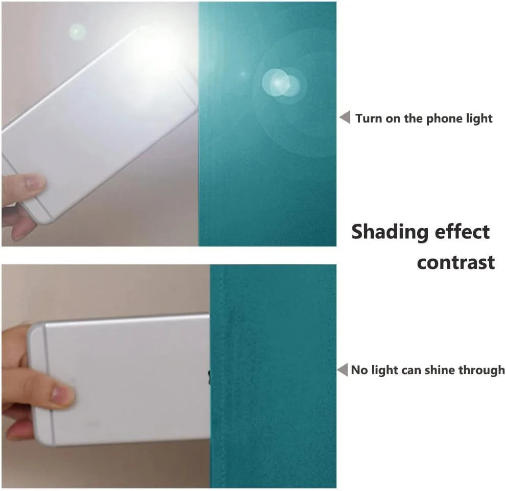 Hand holding a phone flashlight behind a teal blackout curtain to show light blocking