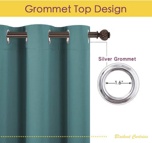 Teal blackout curtain with a grommet top design, featuring silver grommets on a dark bronze rod.