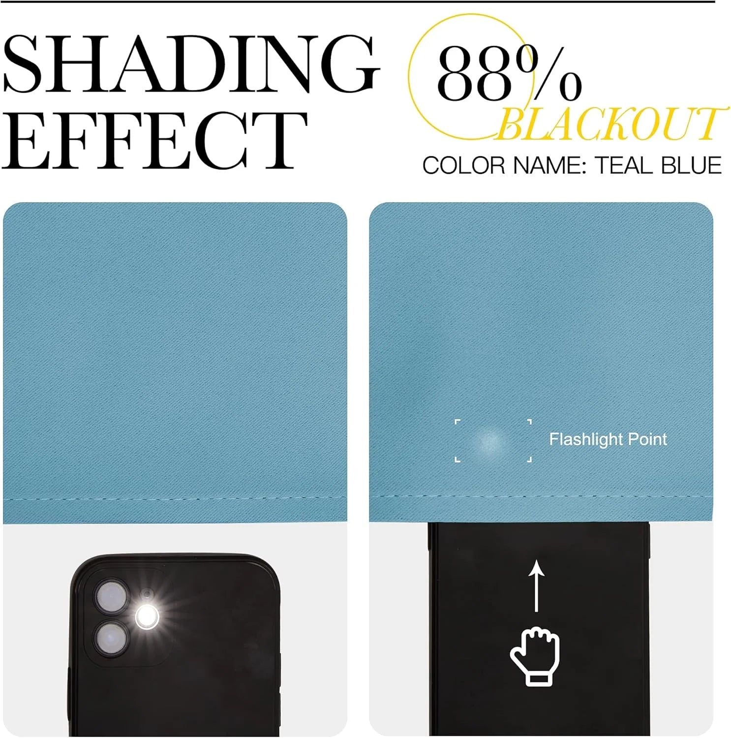 Teal blue blackout fabric sample showing 88% shading effect with flashlight test