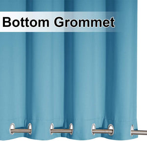 Close-up of a vibrant teal curtain panel with shiny silver grommets along the bottom hem.