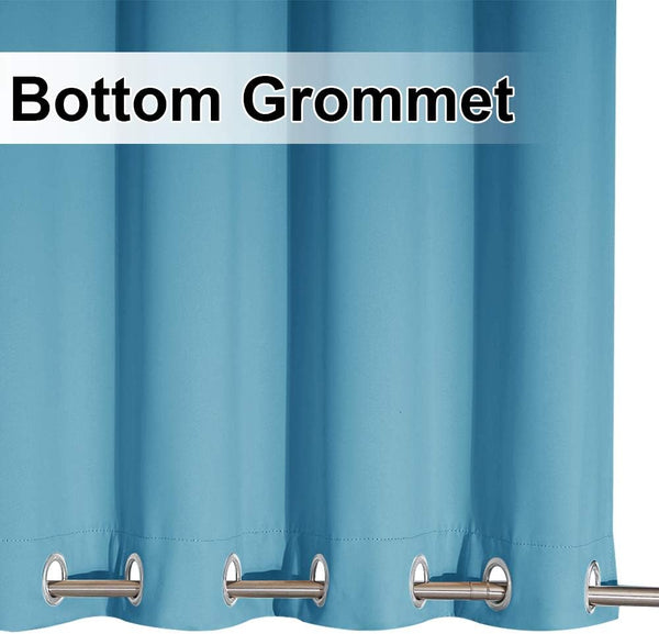 Close-up of a vibrant teal curtain panel with shiny silver grommets along the bottom hem.