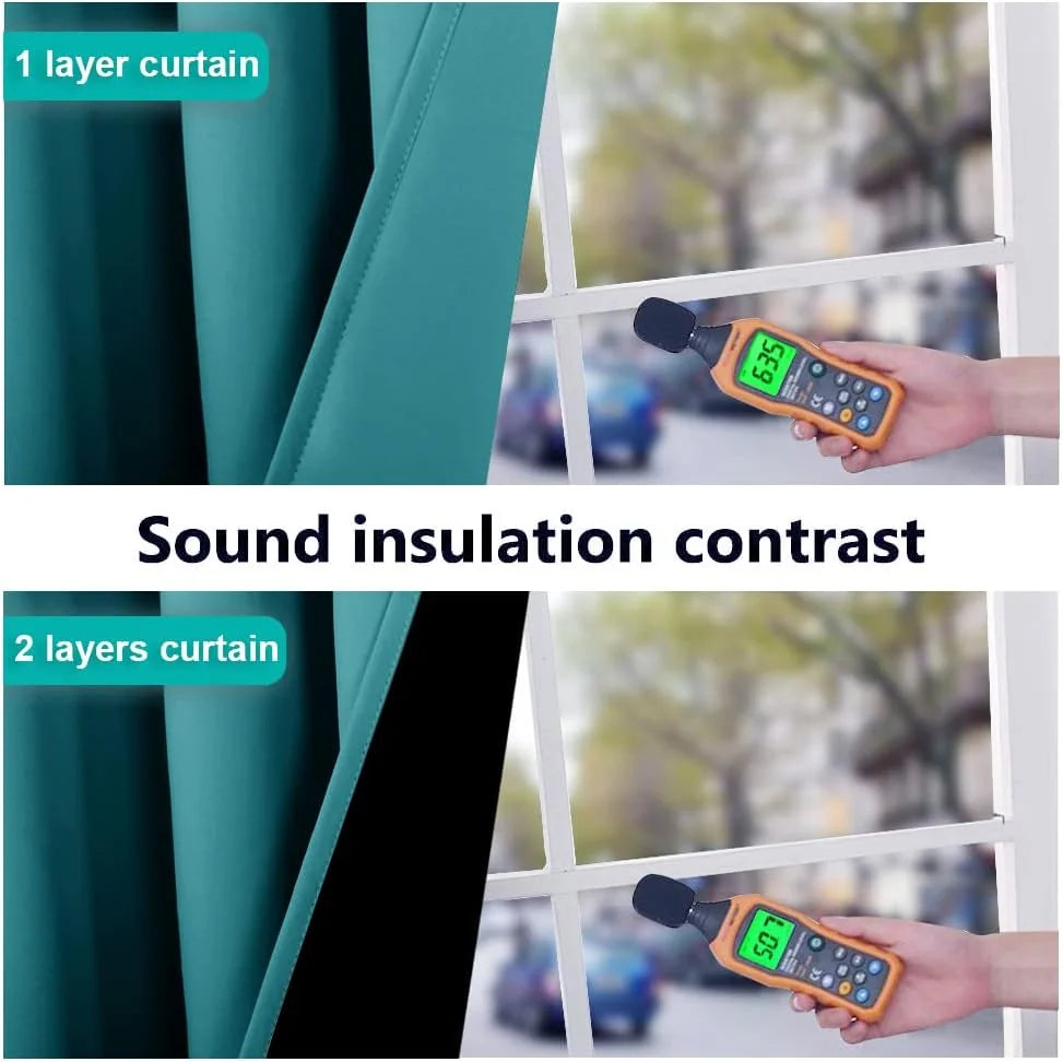 Teal curtain sound insulation comparison showing single and double layer panels by a window