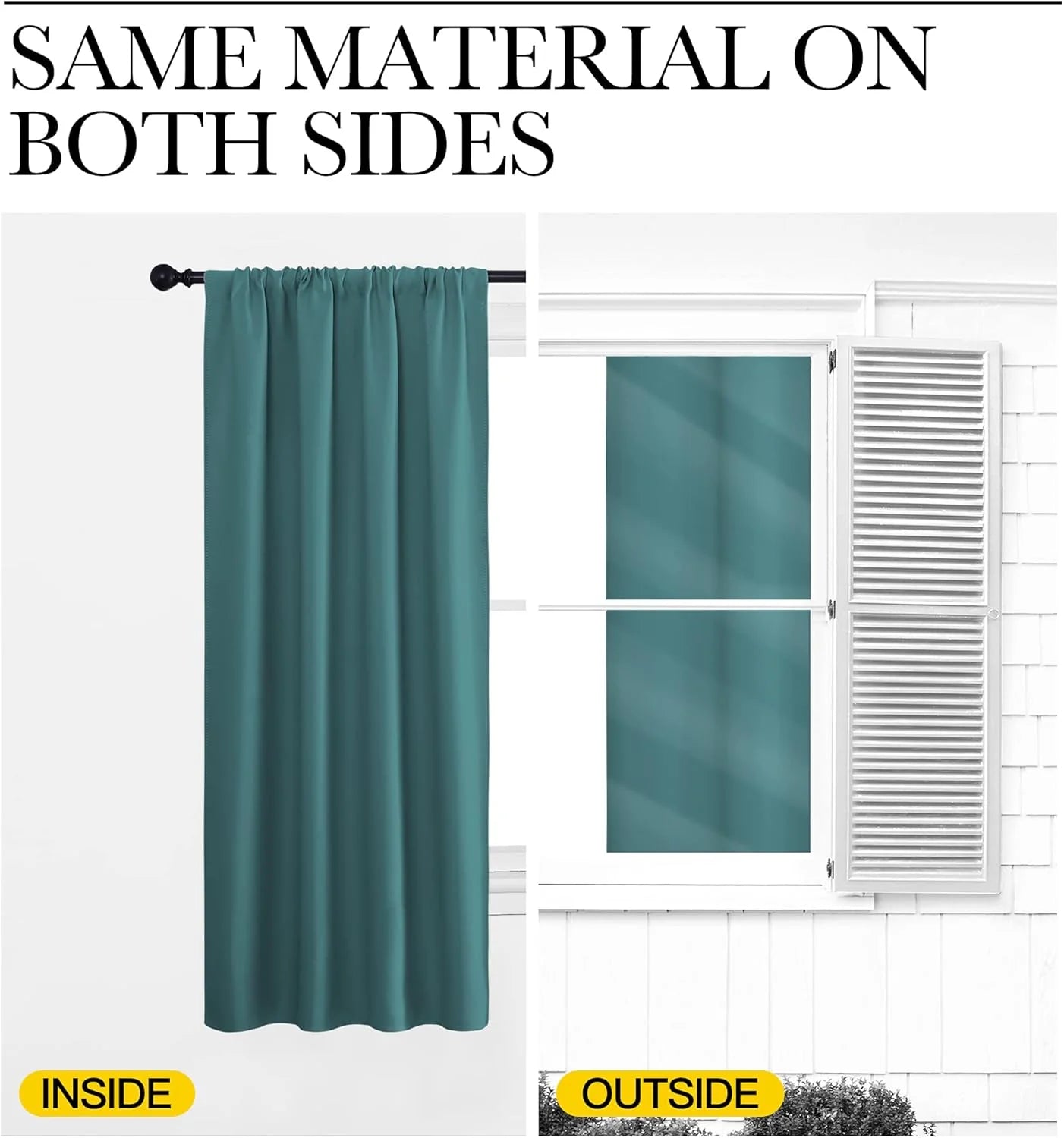 Teal window curtain panel shown inside and outside, with same fabric on both sides