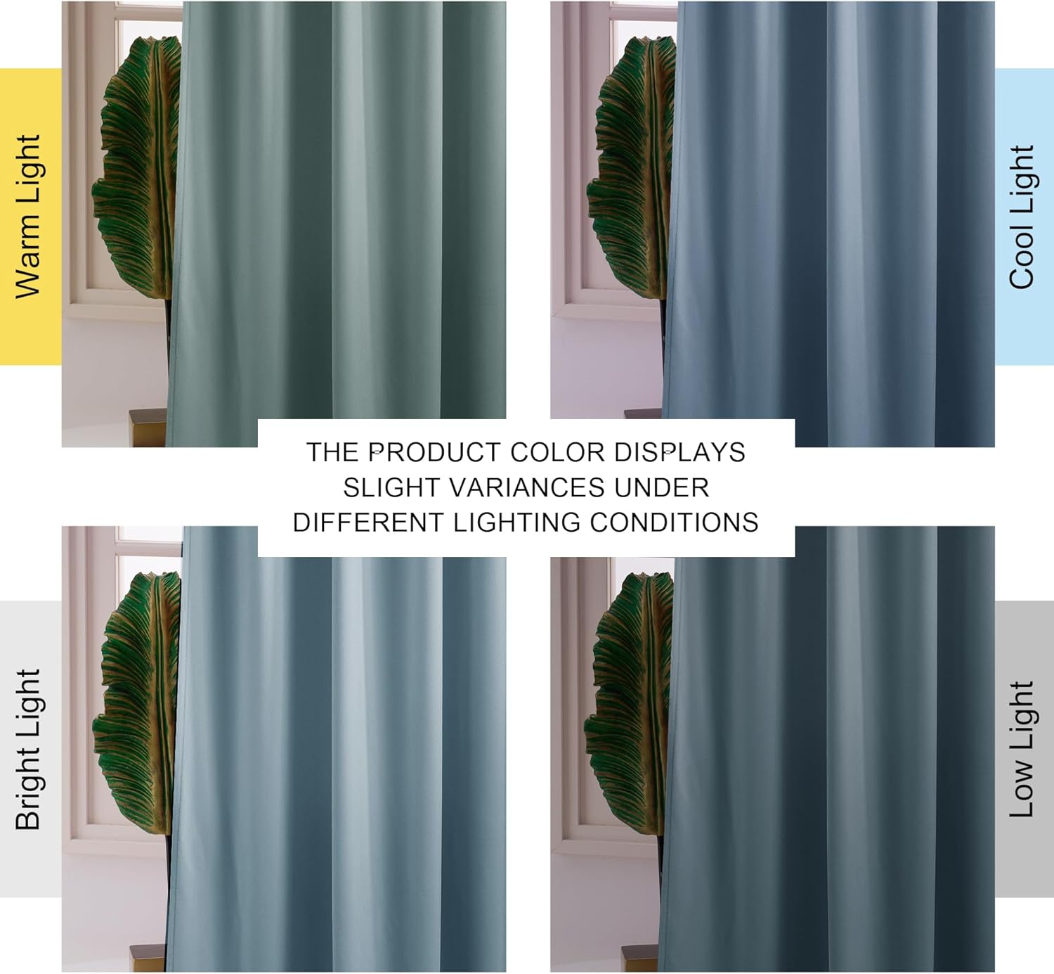 Teal duck egg colored curtain displayed across four panels showing color variation under warm, cool, bright, and low light.