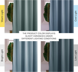 Teal duck egg colored curtain displayed across four panels showing color variation under warm, cool, bright, and low light.