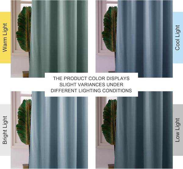 Teal duck egg colored curtain displayed across four panels showing color variation under warm, cool, bright, and low light.