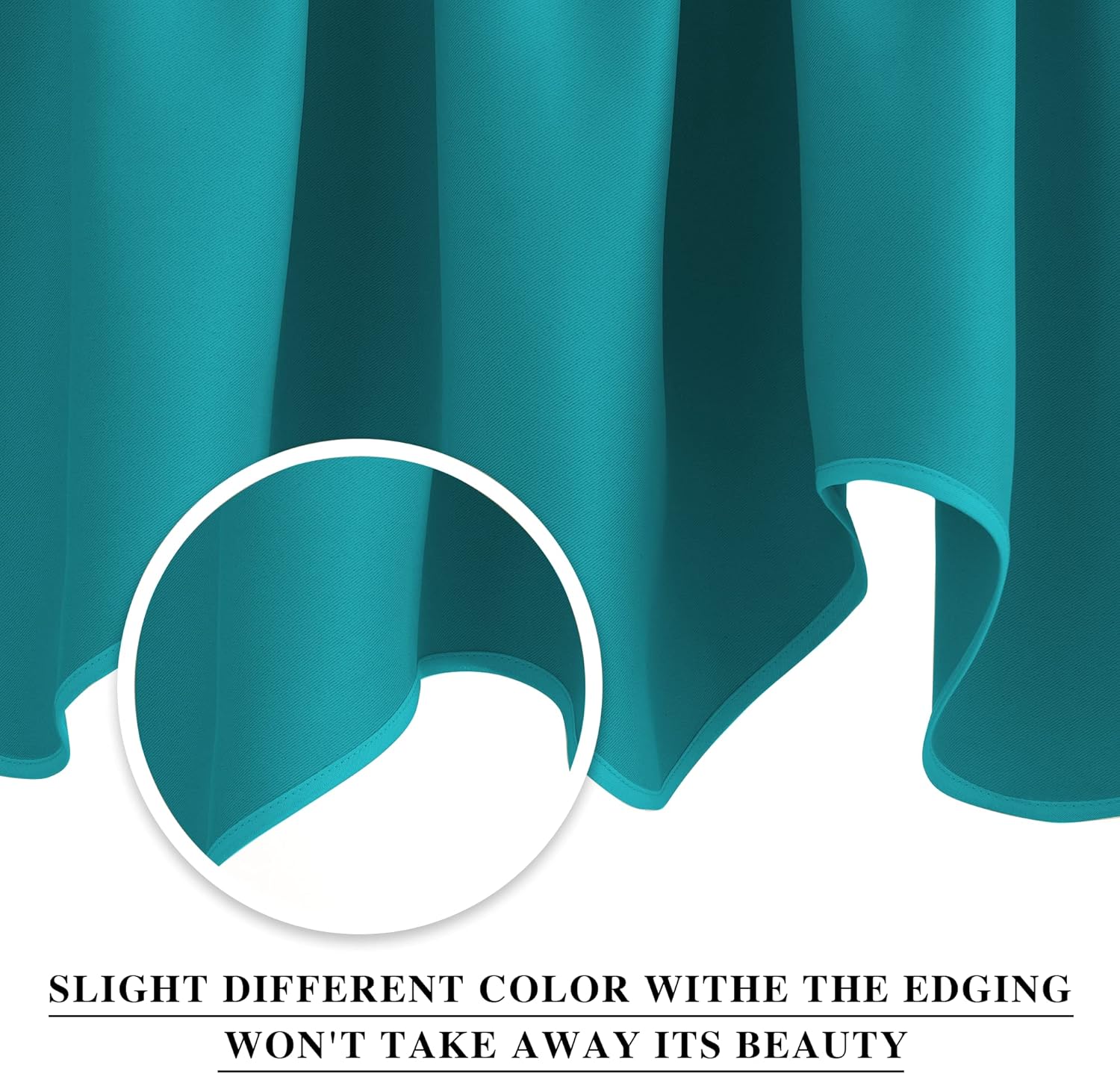 Close-up of teal fabric curtain with soft folds, showing a subtly lighter-colored hemmed edge.
