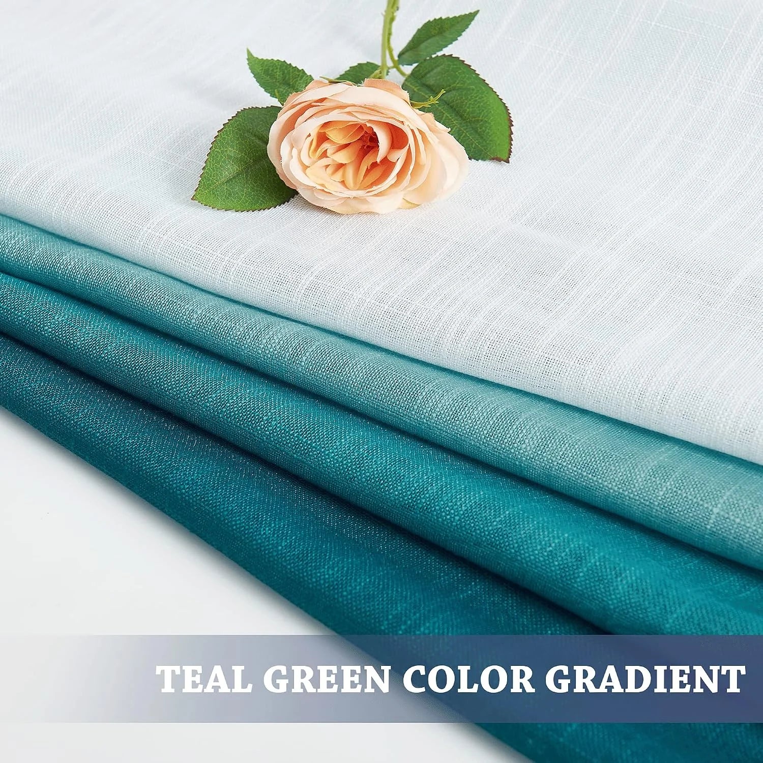 Stacked sheer fabric swatches in teal green gradient with a peach rose on top