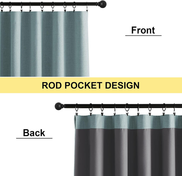 Light teal linen textured blackout curtain panel. Dark grey back, rod pocket design shown with clip rings.