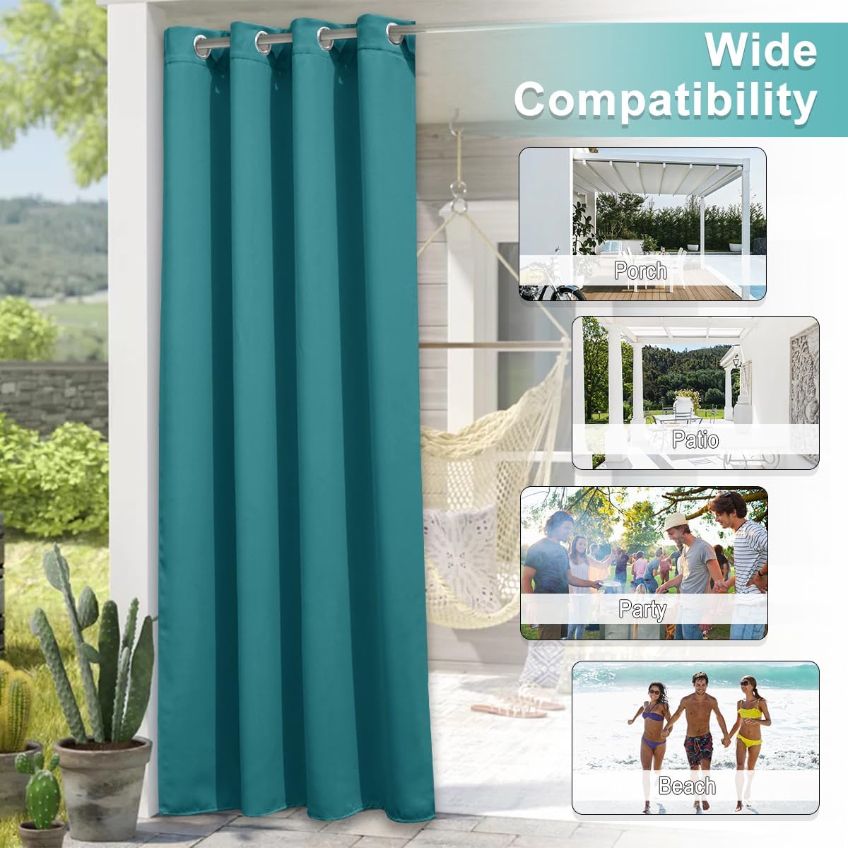 Vibrant teal outdoor curtain with silver grommets hanging on a sunny patio next to a hammock and cacti.