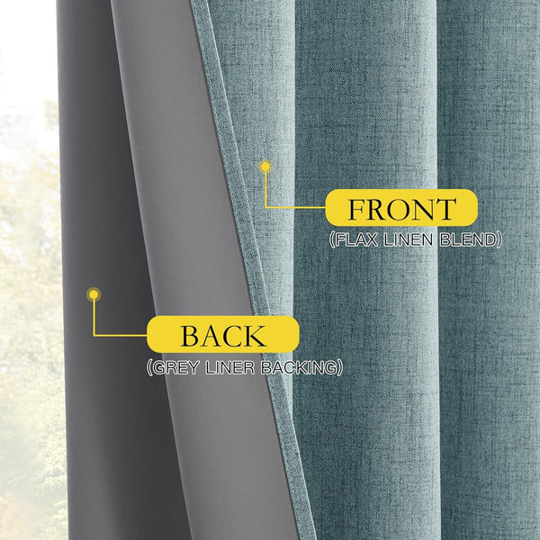 Close-up of a teal flax linen blend blackout curtain, showing the textured front and smooth grey liner backing.