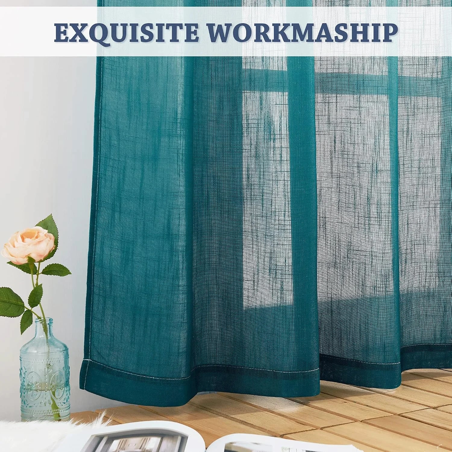 Teal sheer linen-look curtain panel by a bright window with visible woven texture