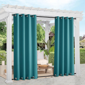 Teal outdoor privacy curtains with grommet tops and bottom rod, hung on a white pergola over a patio.