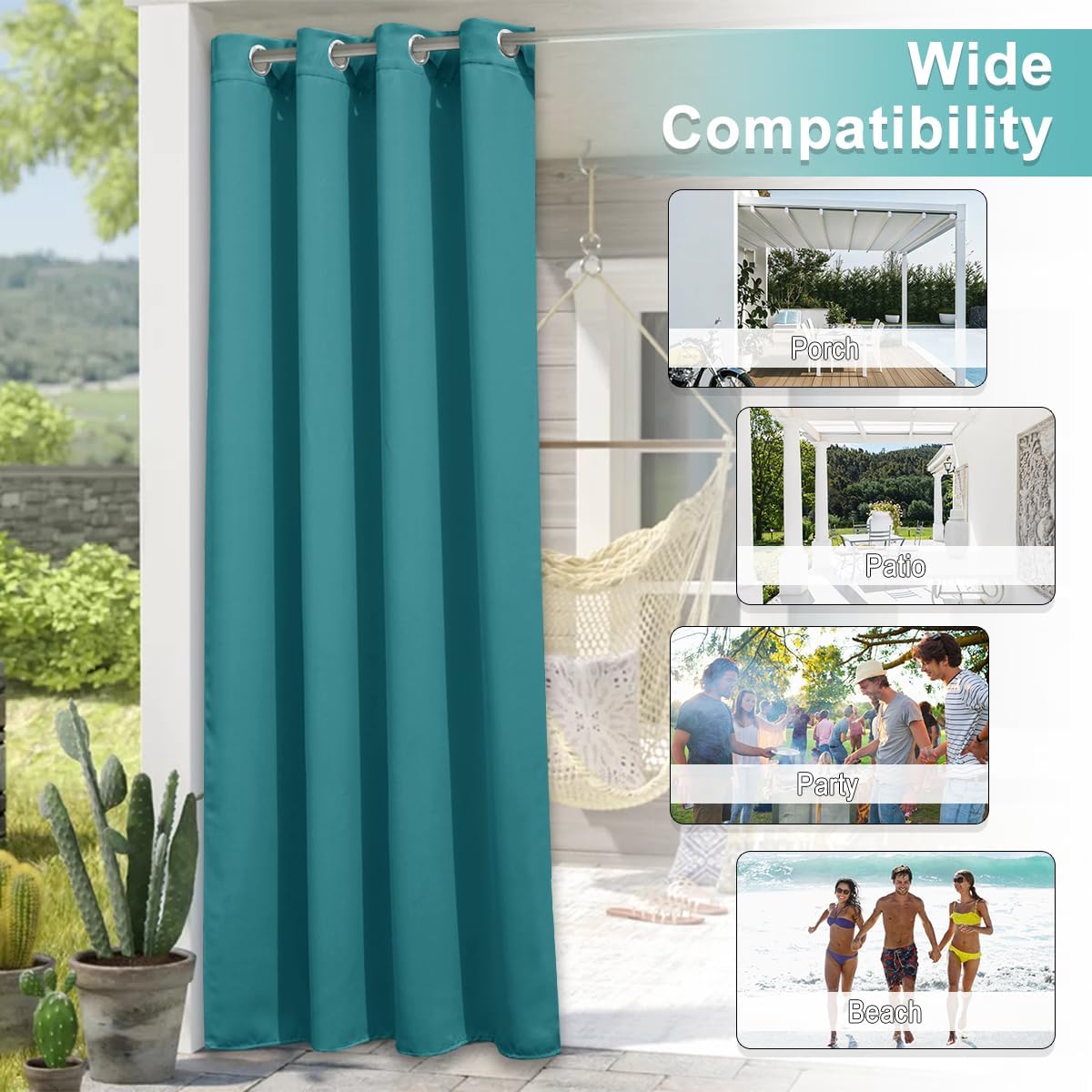 Teal outdoor curtain panel featuring metal grommets, providing privacy on a sunny porch.