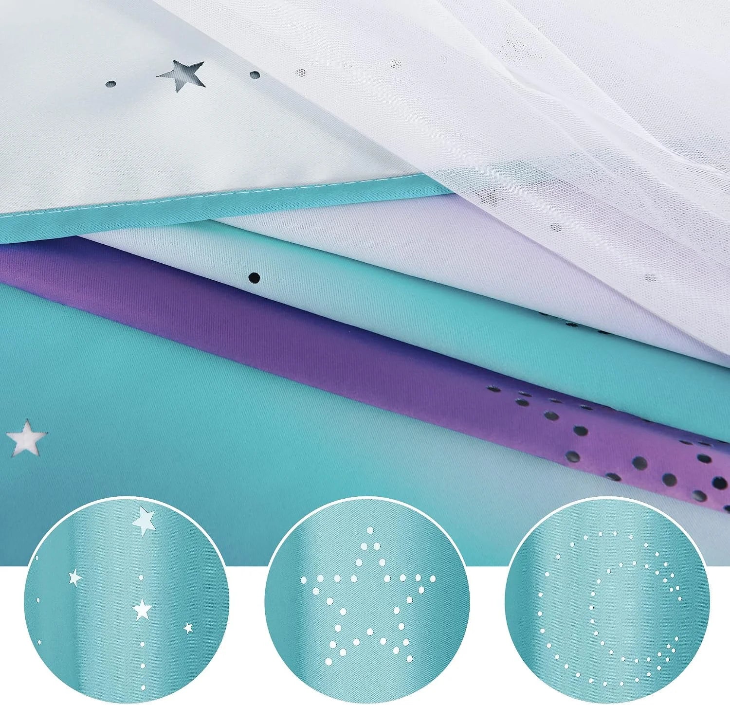 Layered teal and purple canopy fabric with white mesh and star and moon cutouts