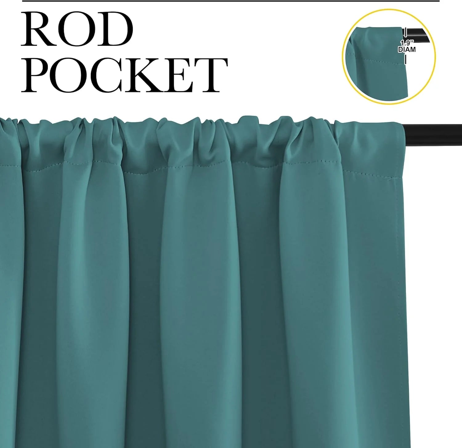 Close-up of a teal rod pocket curtain with 1.9 inch rod and gathered top
