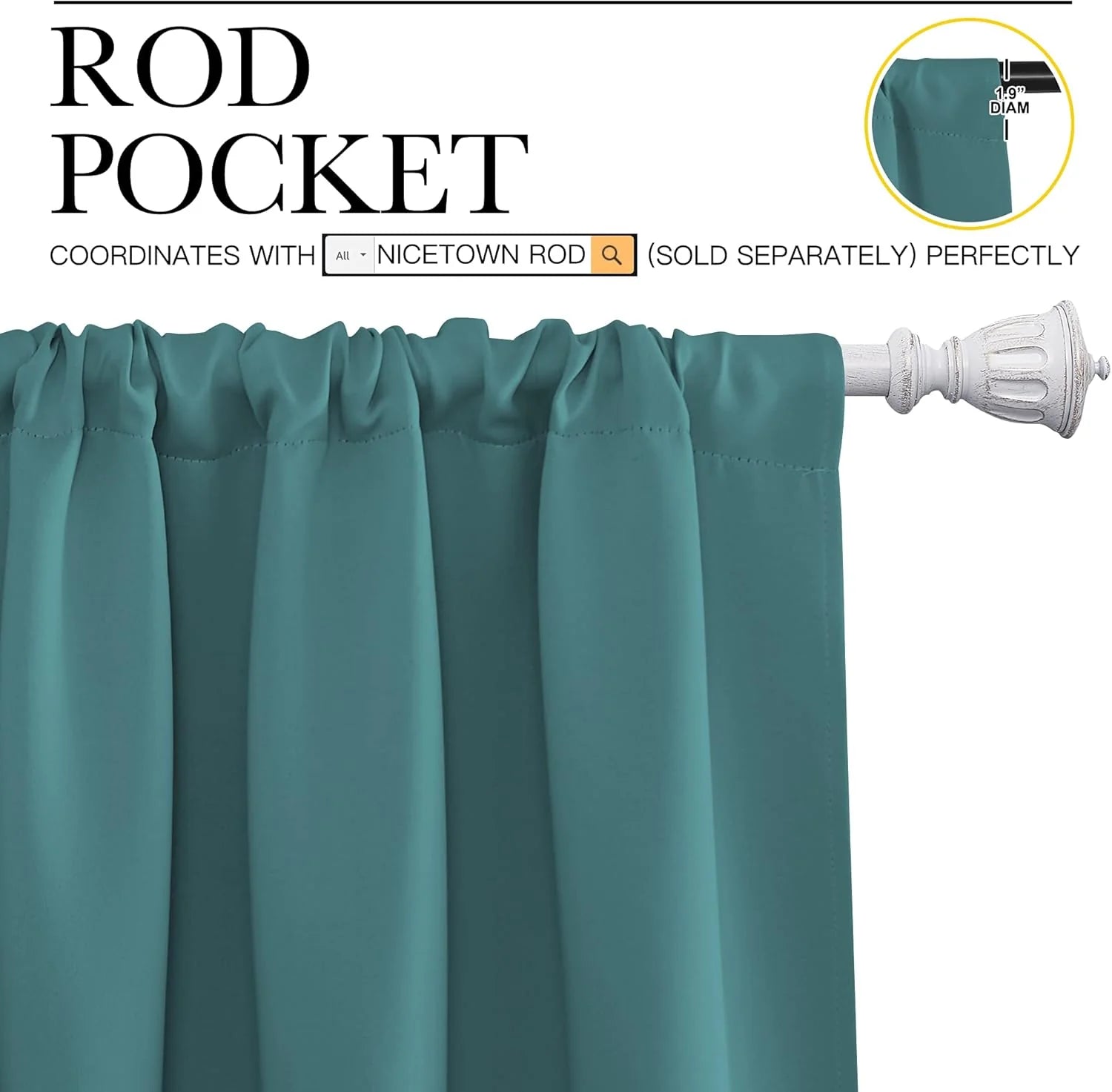 Teal rod pocket curtain panel on a white decorative curtain rod with close-up header detail