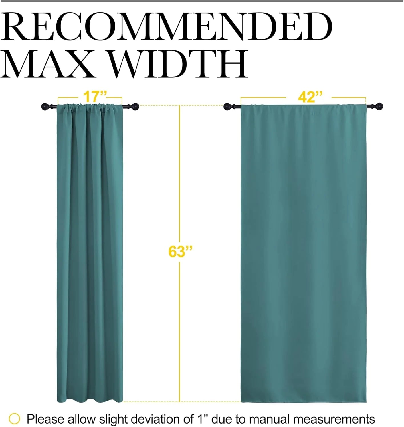 Teal rod pocket curtain panel size chart showing 17 to 42 inch width and 63 inch length