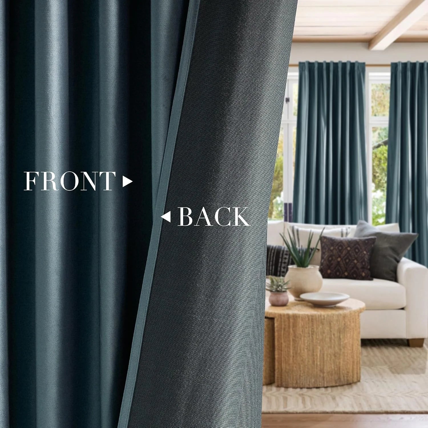 Teal satin blackout curtains showing front and back fabric in a bright living room