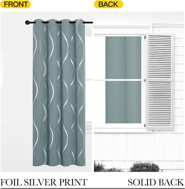 Teal curtain with silver foil wavy pattern, grommet top, and solid light-blocking back.