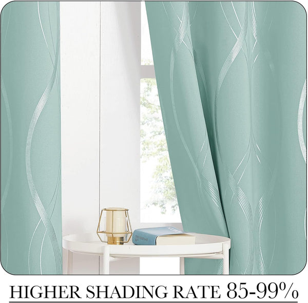 Teal blackout curtains with shimmering silver wave pattern next to a window.
