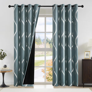 Teal blackout curtains with elegant silver wavy patterns, black grommets, and visible dark lining.