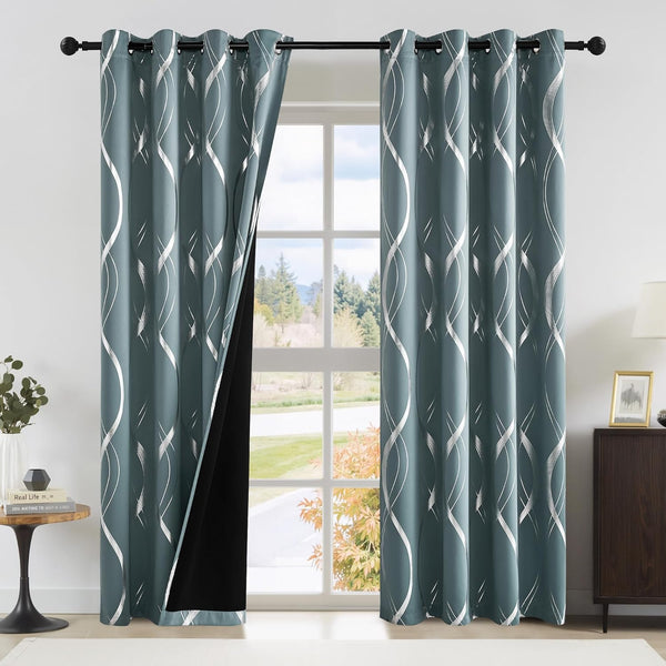 Teal blackout curtains with elegant silver wavy patterns, black grommets, and visible dark lining.