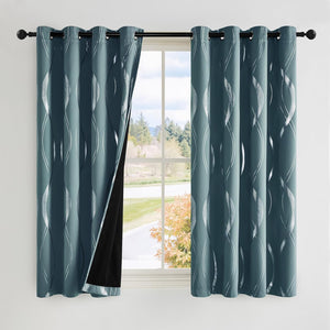 Dark teal blackout curtains with silver wavy pattern and grommet top hanging on a window.