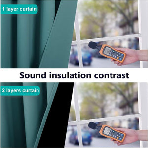Teal soundproof curtains comparison: 1-layer versus 2-layer, showing noise reduction with a sound meter.
