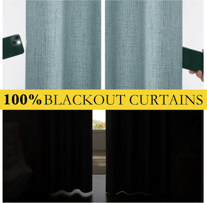 Teal textured blackout curtains shown blocking a phone flashlight and darkening a room during the day.