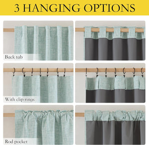 Light teal textured curtains with grey lining, demonstrating back tab, clip rings, and rod pocket hanging.