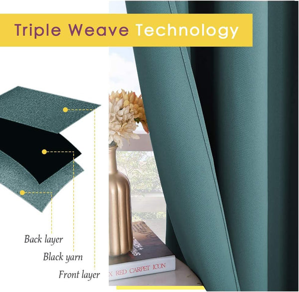 Teal triple weave blackout curtain with visible layered construction featuring black yarn for light blocking.