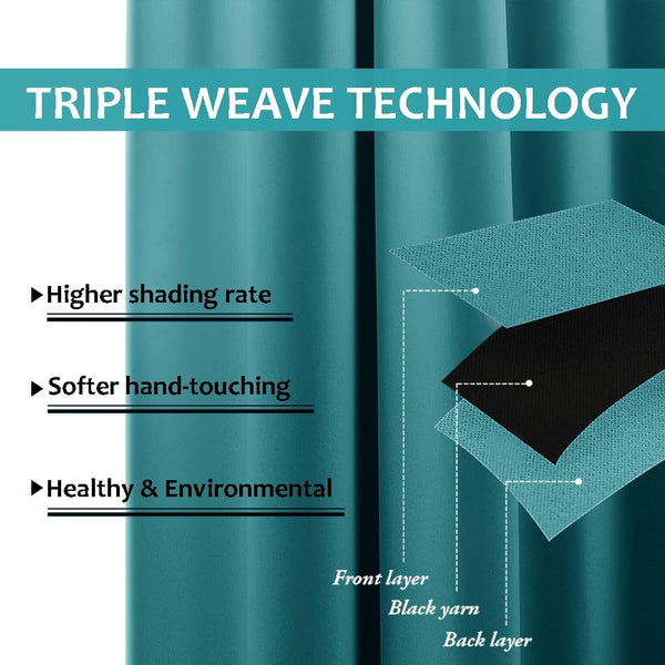 Teal triple weave blackout curtain showing layered fabric construction with black yarn. Highlights high shading rate and soft texture.