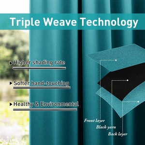 Teal blackout curtains with triple weave diagram showing front, black yarn, and back layers.