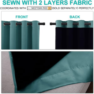 Teal two-layer blackout curtain with grommet top, showing the teal front and dark back fabric.