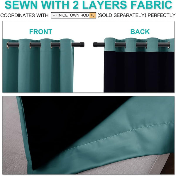 Teal two-layer blackout curtain with grommet top, showing the teal front and dark back fabric.