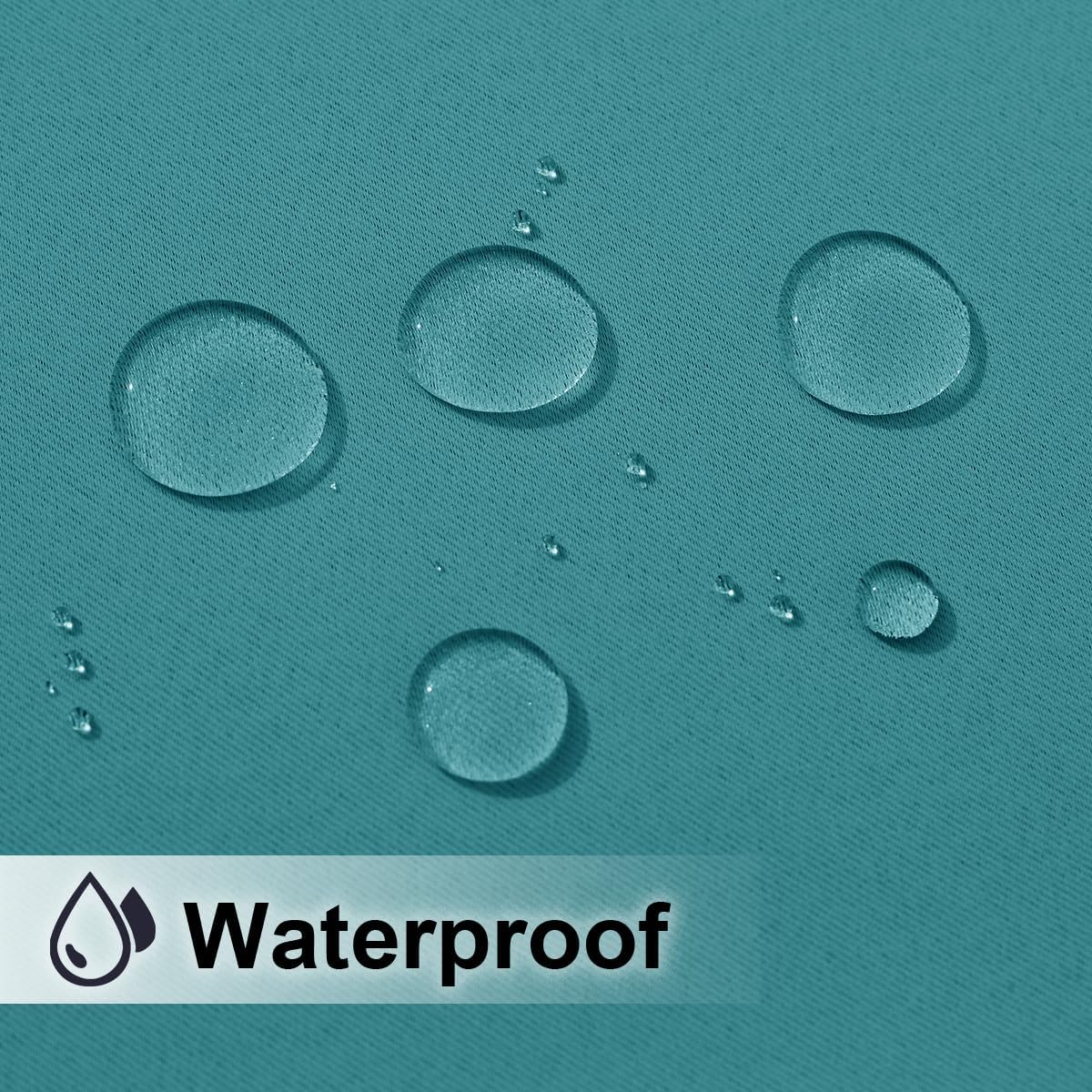 Close-up of a teal waterproof fabric texture with water droplets beading and 'Waterproof' text overlay.