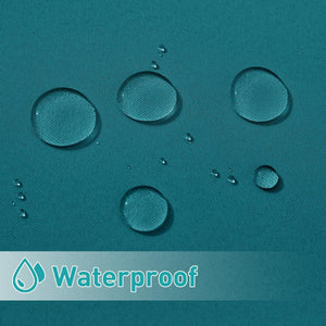 Close-up of teal waterproof fabric showing water droplets beading on its surface.