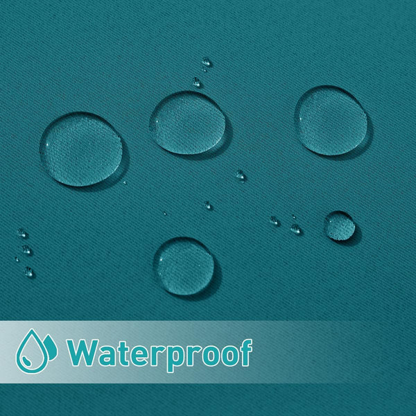 Close-up of teal waterproof fabric showing water droplets beading on its surface.