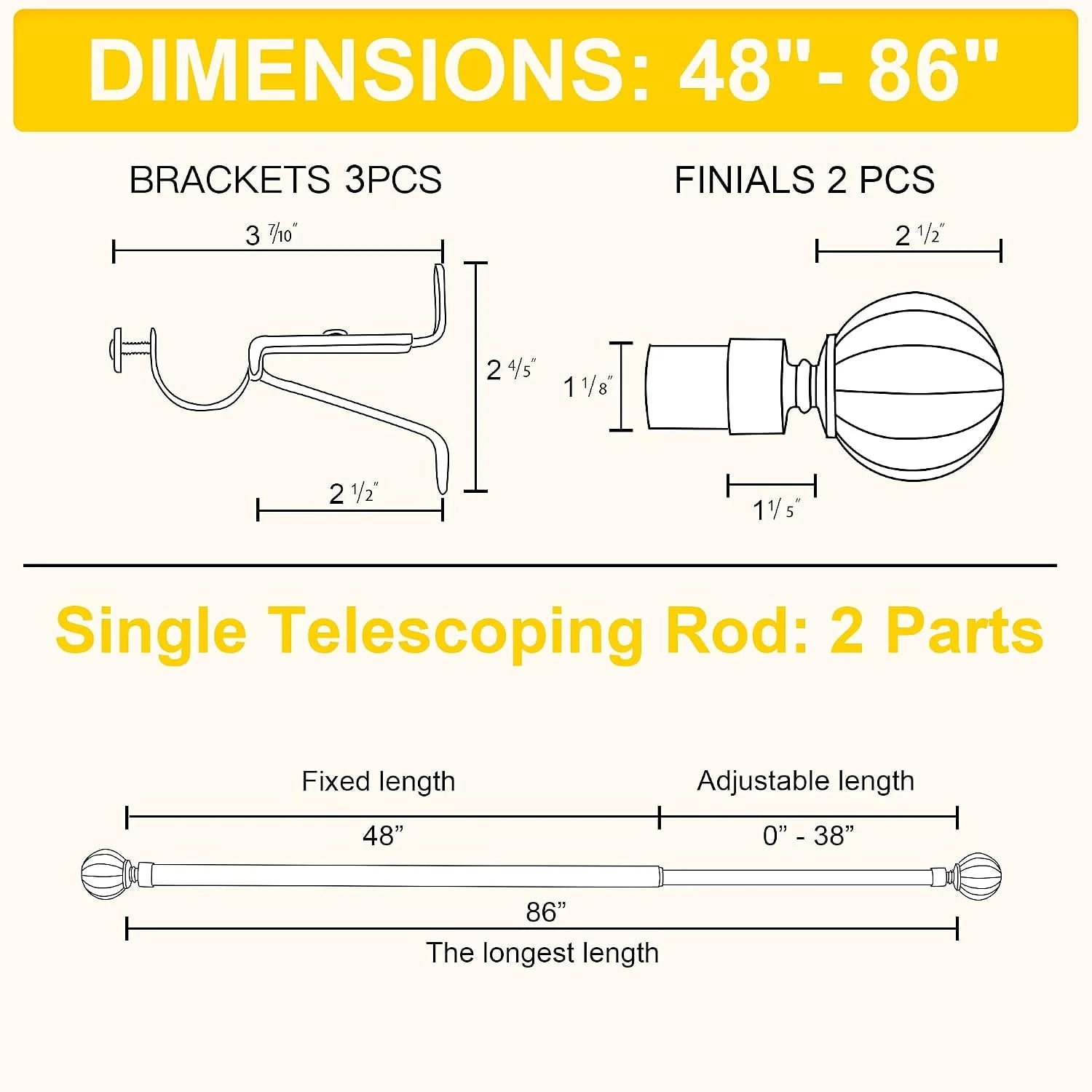 Curtain rod dimensions chart showing brackets, finials, and 48 to 86 inch span