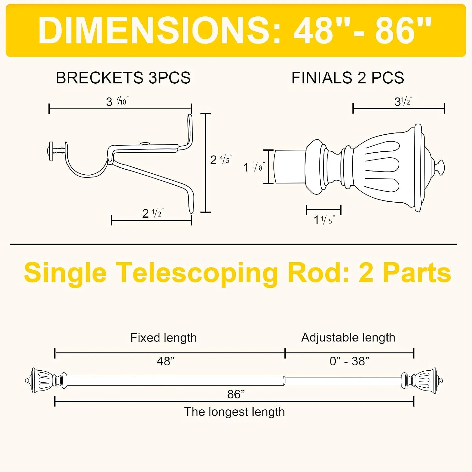 Curtain rod dimensions diagram showing 48 to 86 inch telescoping rod, brackets, and finials
