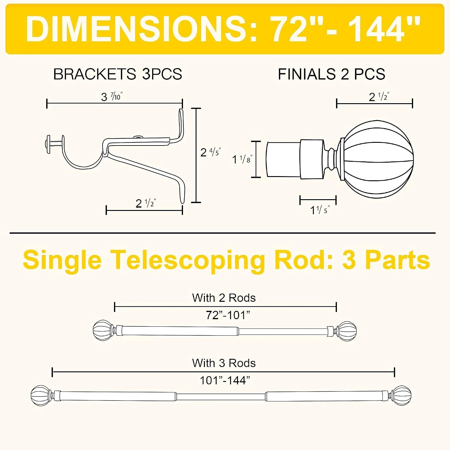 Curtain rod dimensions chart showing brackets, finials, and 72 to 144 inch telescoping rod