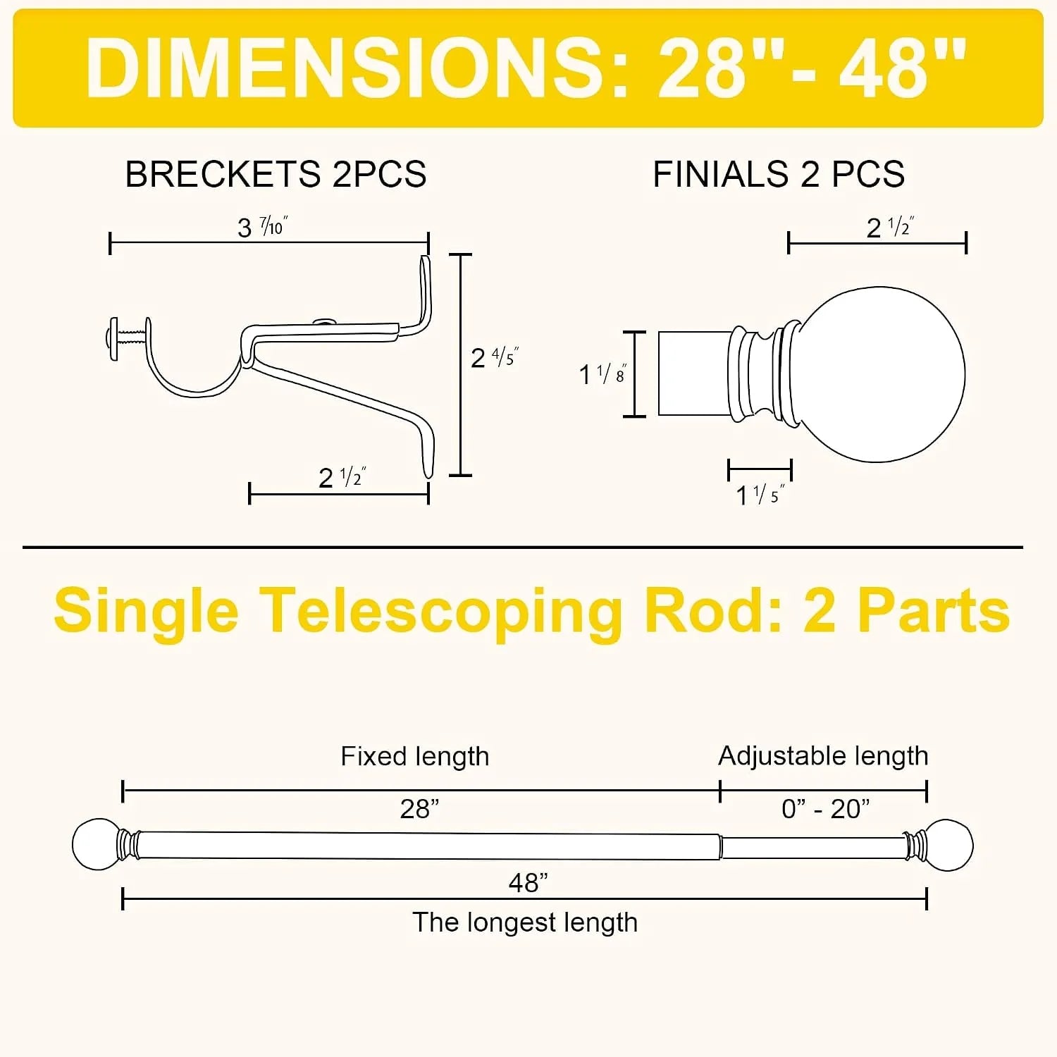 Curtain rod dimensions chart showing 28 to 48 inch telescoping rod, brackets, and finials