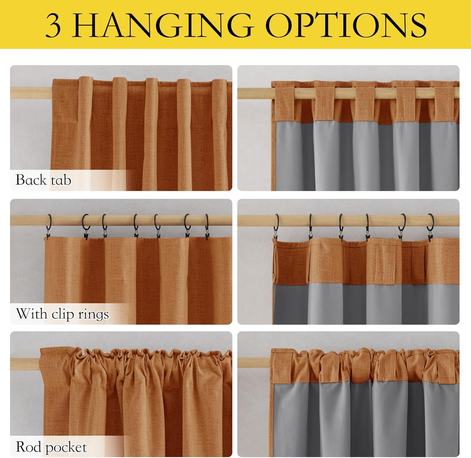 Terracotta textured blackout curtains showing back tab, clip ring, and rod pocket hanging options.